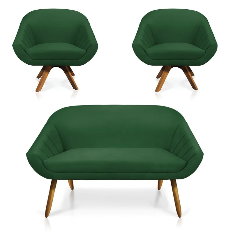 Kit 01 Namoradeira 02 Lugares e 02 Poltronas Giratória Giovana Suede Base Madeira MM30 - D'Rossi Verde - DRossi