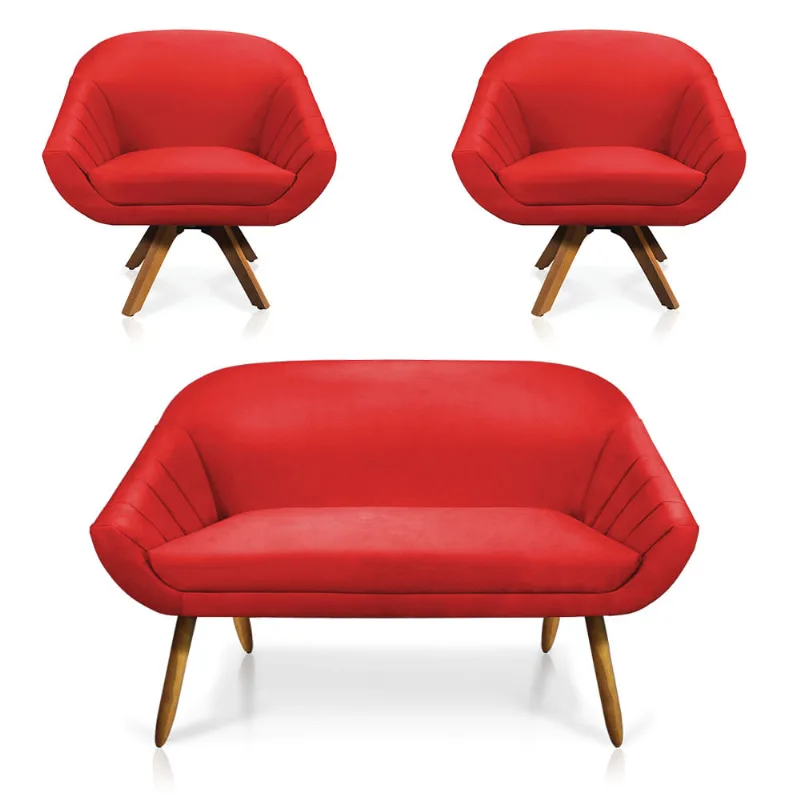 Kit 01 Namoradeira 02 Lugares e 02 Poltronas Giratória Giovana Suede Base Madeira MM30 - D'Rossi Vermelho - DRossi