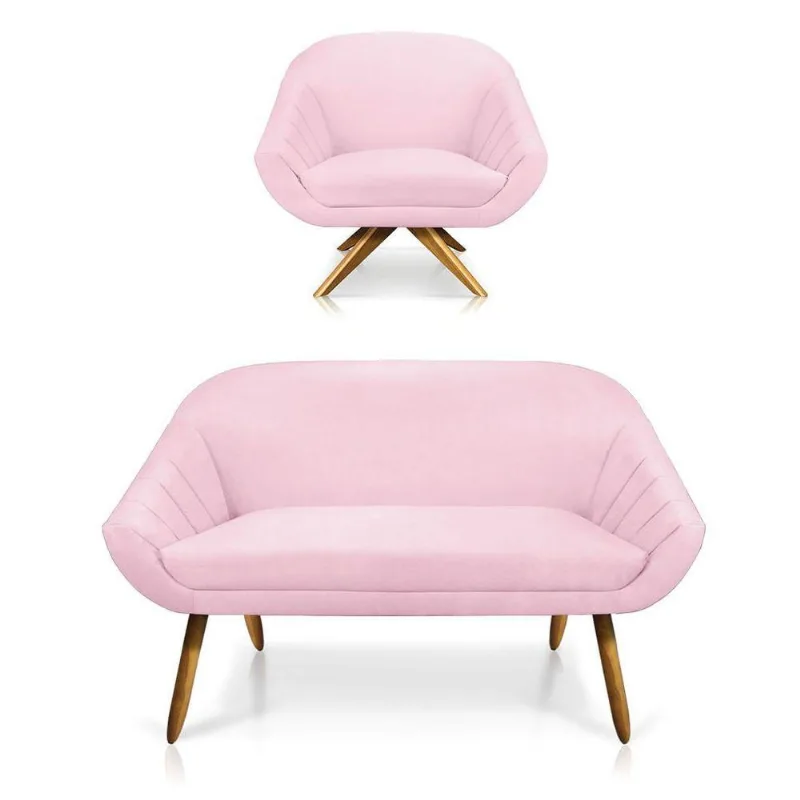 Kit 01 Namoradeira 02 Lugares E 01 Poltrona Giovana Suede Rosa Bebê