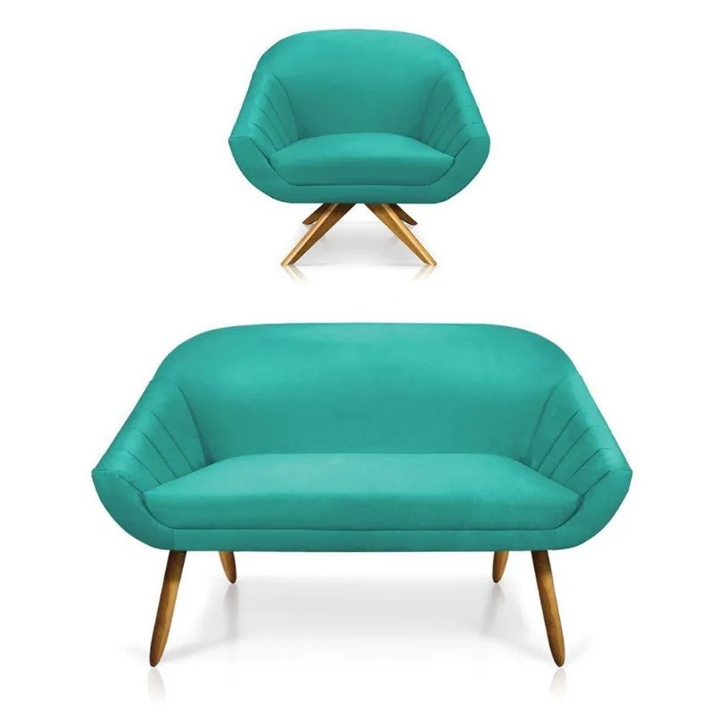 Kit 01 Namoradeira 02 Lugares E 01 Poltrona Giovana Suede Azul Turquesa