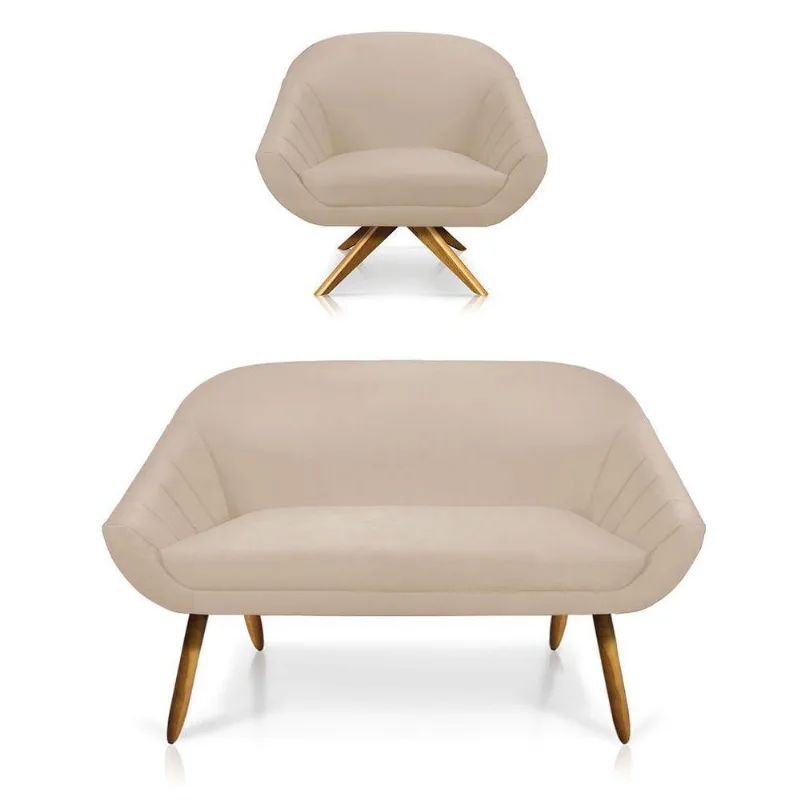 Kit 01 Namoradeira 02 Lugares E 01 Poltrona Giovana Suede Bege