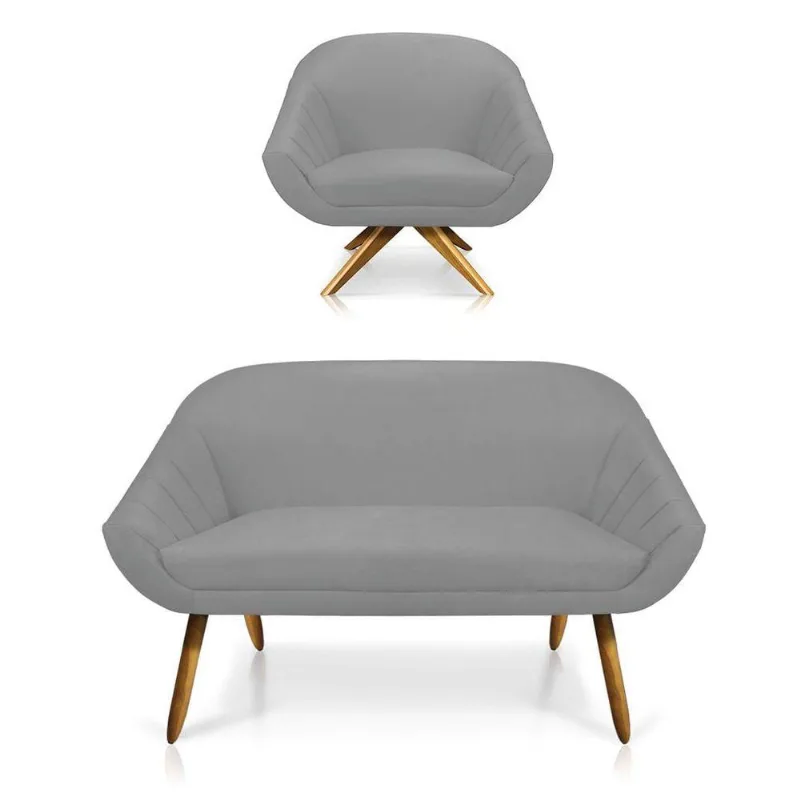 Kit 01 Namoradeira 02 Lugares E 01 Poltrona Giovana Suede Cinza
