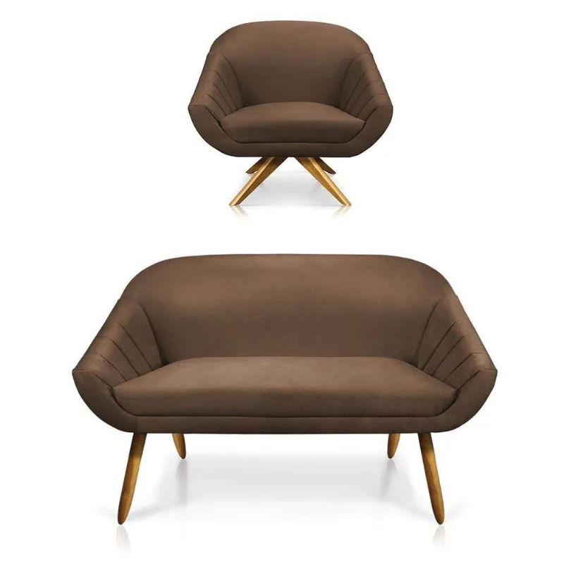 Kit 01 Namoradeira 02 Lugares E 01 Poltrona Giovana Suede Marrom