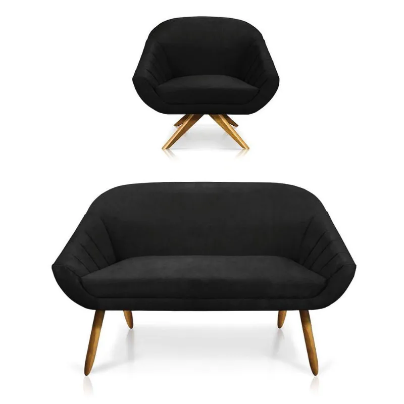 Kit 01 Namoradeira 02 Lugares E 01 Poltrona Giovana Suede Preto
