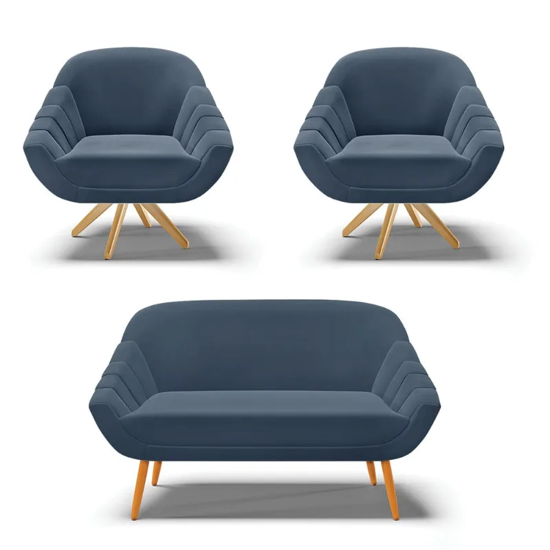 Kit 01 Namoradeira 02 Lugares e 02 Poltronas Giratória Giovana Suede Azul Marinho Base Madeira MA30 - D'Rossi - DRossi
