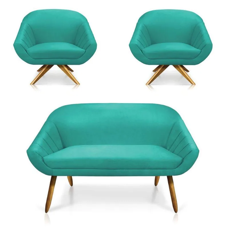 Kit 01 Namoradeira 02 Lugares E 02 Poltronas Giovana Suede Azul Turquesa