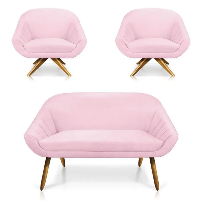 Kit 01 Namoradeira 02 Lugares E 02 Poltronas Giovana Suede Rosa Bebê
