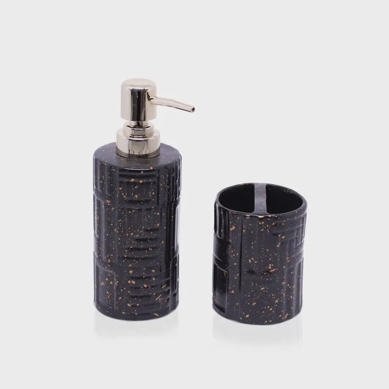 Kit Banheiro 01 Porta Sabonete Liquido e 01 Porta Escova em Cerâmica Preto - D'Rossi