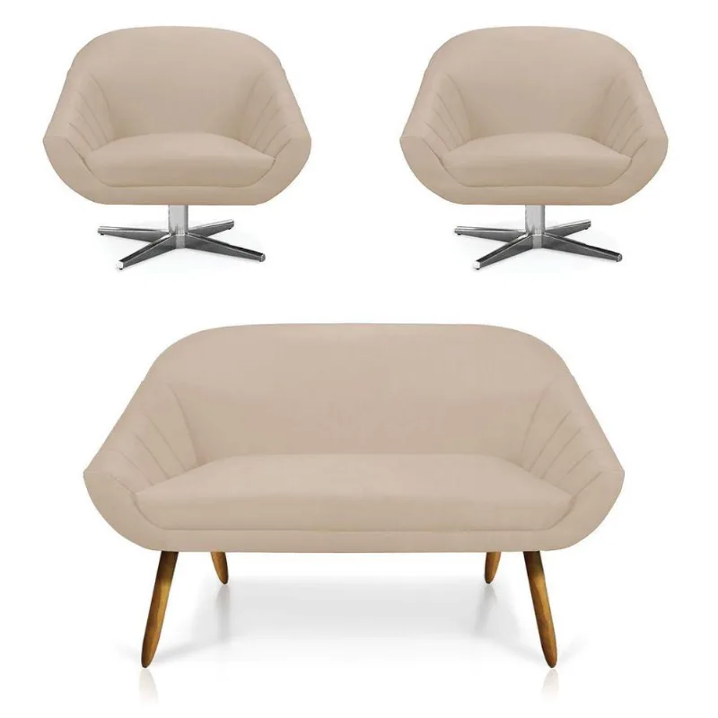 Kit 01 Namoradeira 02 Lugares E 02 Poltronas Giratória Giovana Suede Bege Base Cromada - D'rossi