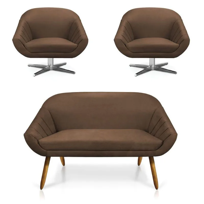Kit 01 Namoradeira 02 Lugares E 02 Poltronas Giovana Suede Marrom