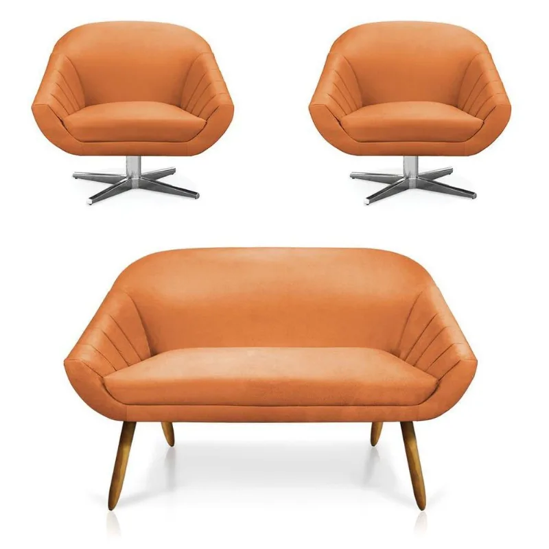Kit 01 Namoradeira 02 Lugares E 02 Poltronas Giratória Giovana Suede Telha Base Cromada - D'rossi