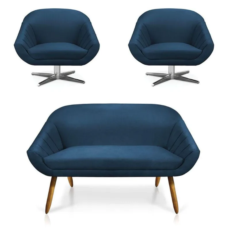 Kit 01 Namoradeira 02 Lugares E 02 Poltronas Giovana Suede Azul Marinho