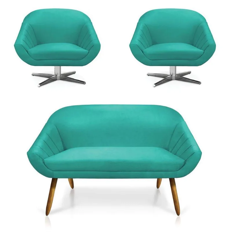 Kit 01 Namoradeira 02 Lugares E 02 Poltronas Giovana Suede Azul Turquesa