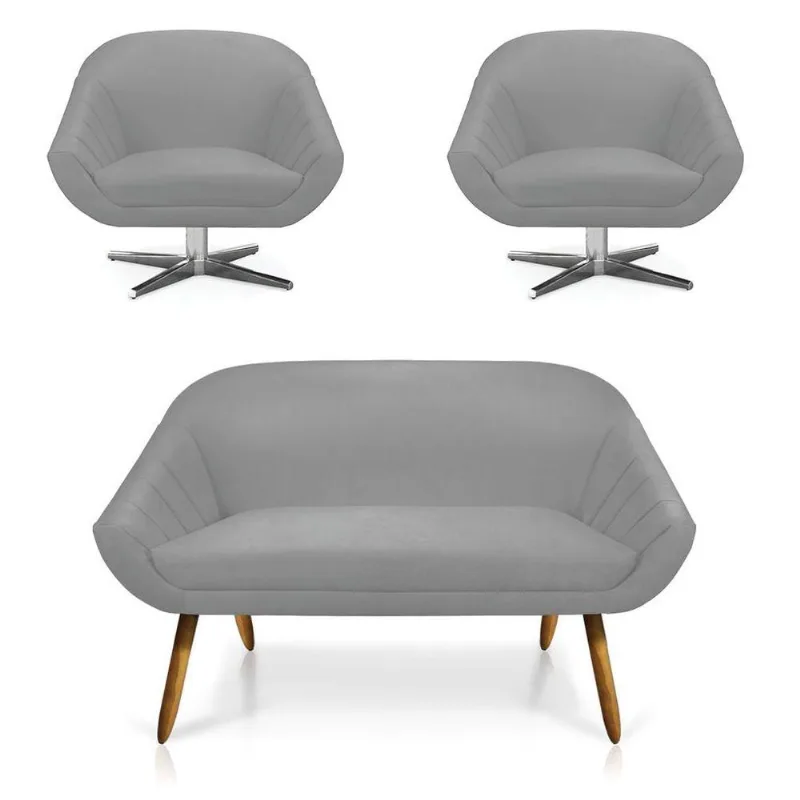 Kit 01 Namoradeira 02 Lugares E 02 Poltronas Giovana Suede Cinza