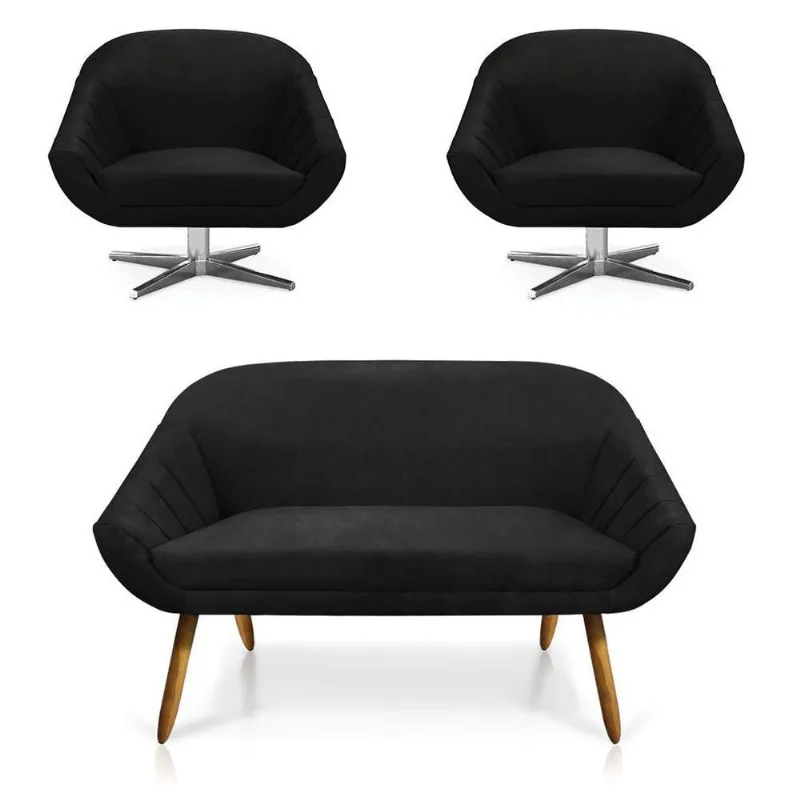 Kit 01 Namoradeira 02 Lugares E 02 Poltronas Giovana Suede Preto