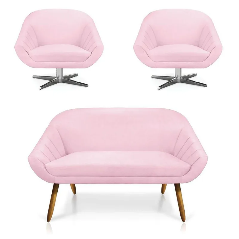 Kit 01 Namoradeira 02 Lugares E 02 Poltronas Giovana Suede Rosa Bebê