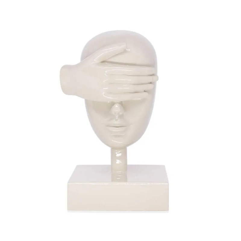 Escultura Decorativa Máscara Cego Em Cerâmica Nude 25x15cm