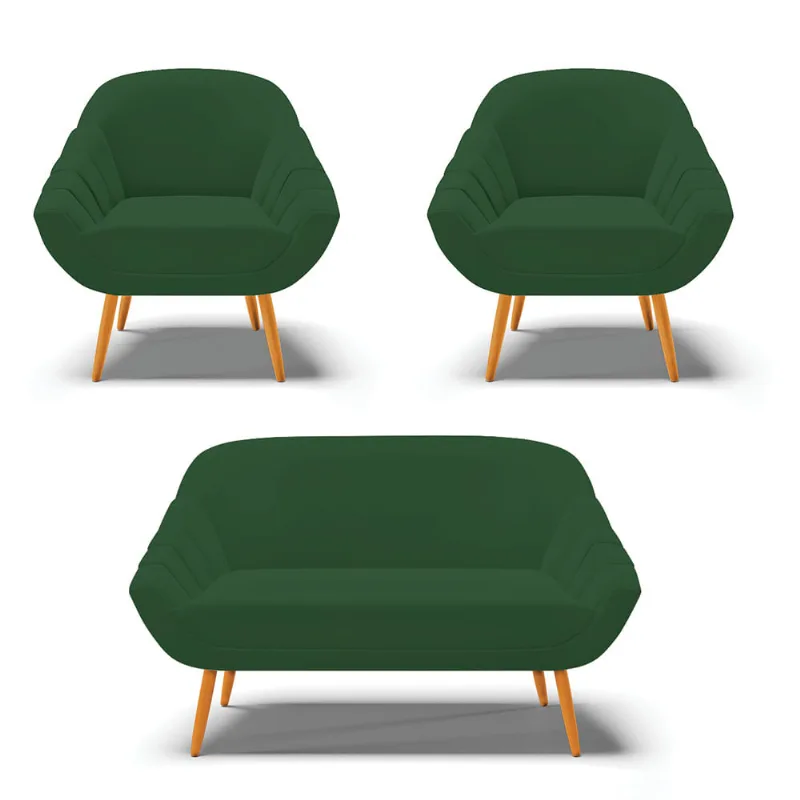Kit 01 Namoradeira 02 Lugares e 02 Poltronas Giovana Veludo Verde Pés Palito Castanho - D'Rossi - DRossi