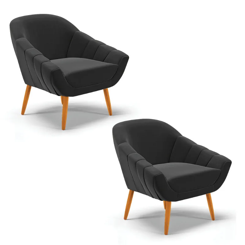 Kit 02 Poltronas Giovana Veludo Preto Pés Palito Castanho - D'Rossi - DRossi