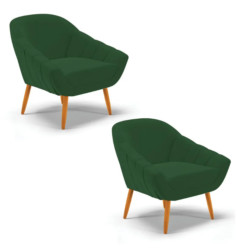 Kit 02 Poltronas Giovana Veludo Verde Pés Palito Castanho - D'Rossi - DRossi