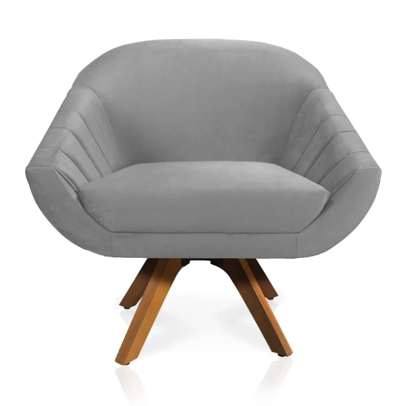 Poltrona Giratória Giovana Veludo Base Madeira MM30 - D'Rossi Cinza - DRossi