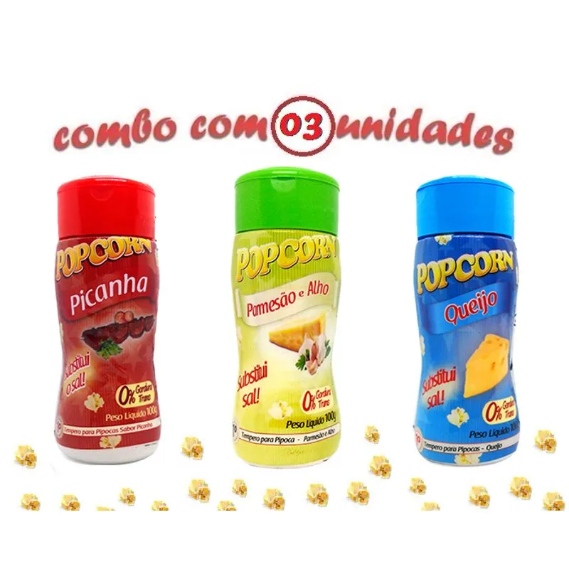 Combo Popcorn - 03 Sabores - Picanha, Queijo E Parmesão E Alho