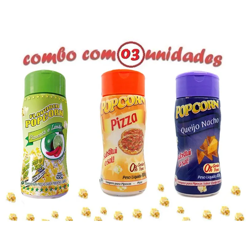 Combo Popcorn - 03 Sabores - Pizza, Pimenta E Limão E Queijo Nacho