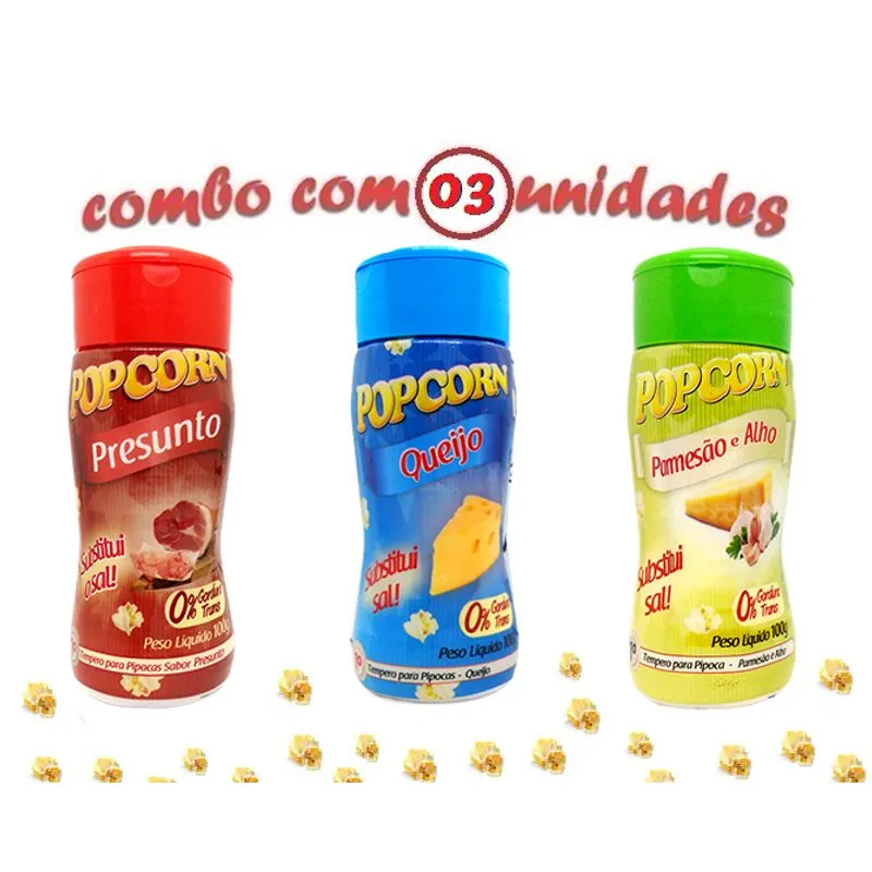 Combo Popcorn - 03 Sabores - Queijo, Parmesão E Alho E Presunto