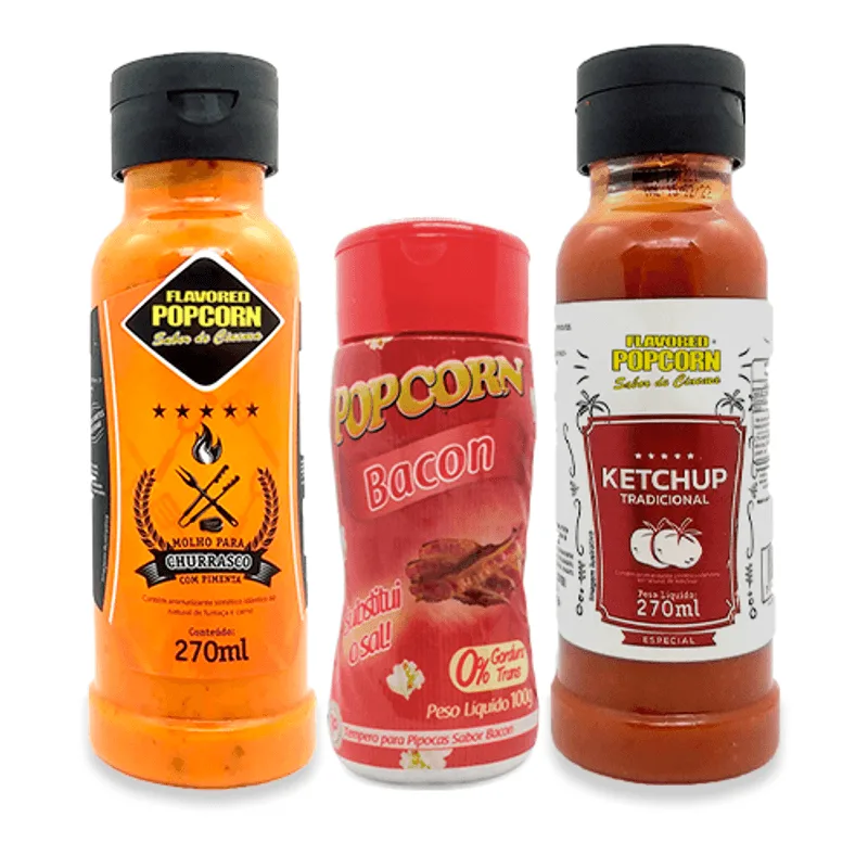 Combo 2 Molhos 1 Tempero Popcorn - Molhos Churrasco Com Pimenta E Ketchup - Tempero Bacon
