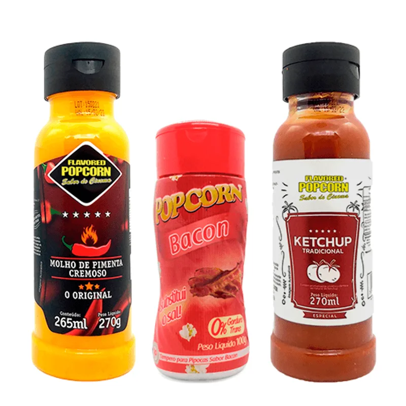 Combo 2 Molhos 1 Tempero Popcorn - Molhos Pimenta Cremoso E Ketchup - Tempero Bacon