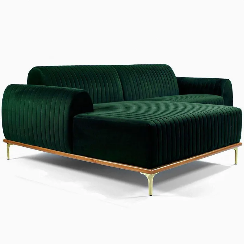 Sofá Molino 3 Lugares 230cm Chaise Direito Pés Gold Veludo Verde - Nexta Casa - Nexta Casa