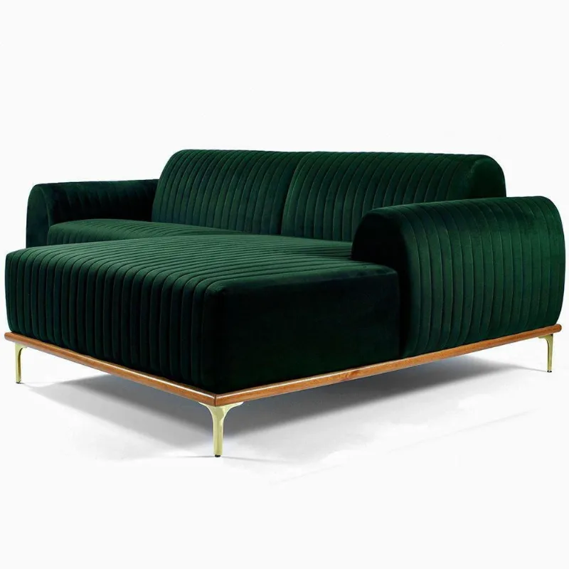 Sofá Molino 3 Lugares 230cm Chaise Esquerdo Pés Gold Veludo Verde - Nexta Casa - Nexta Casa