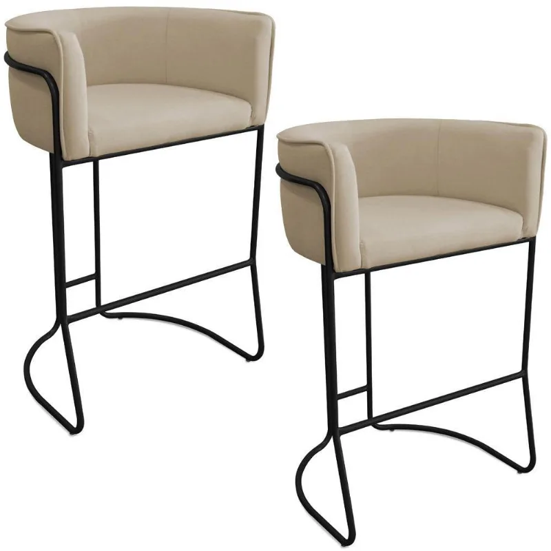 Kit 02 Banquetas Alta Com Encosto Betina Base Preto Linho Areia - Nexta Casa - Nexta Casa