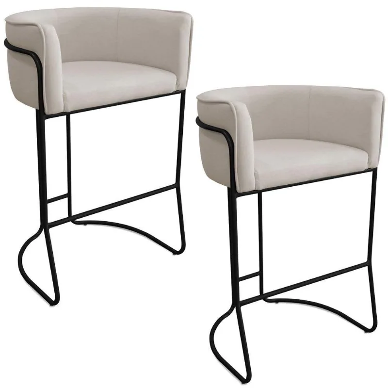 Kit 02 Banquetas Alta Com Encosto Betina Base Preto Poliéster Off White - Nexta Casa - Nexta Casa