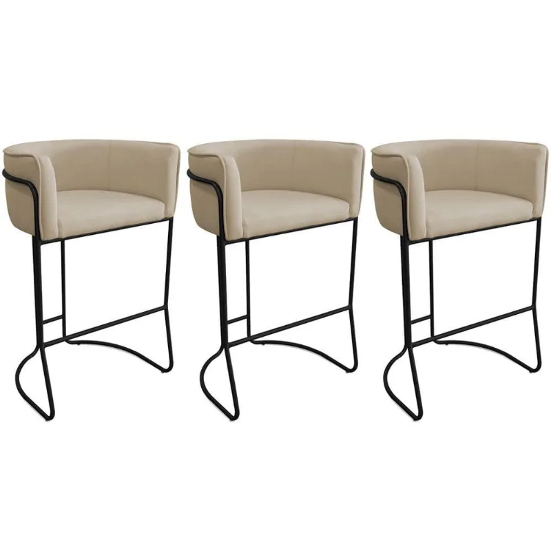 Kit 03 Banquetas Alta Com Encosto Betina Base Preto Linho Areia - Nexta Casa