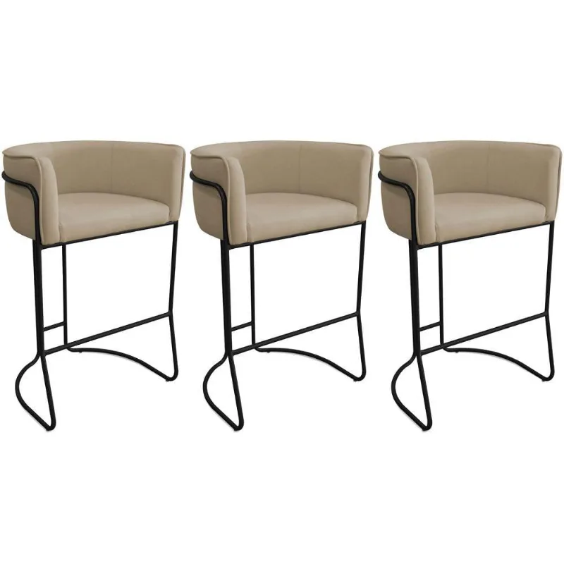 Kit 03 Banquetas Alta Com Encosto Betina Base Preto Linho Bege - Nexta Casa - Nexta Casa