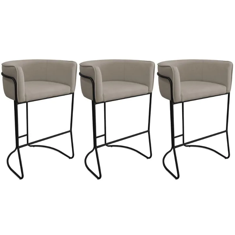 Kit 03 Banquetas Alta Com Encosto Betina Base Preto Poliéster Bege Escuro - Nexta Casa - Nexta Casa