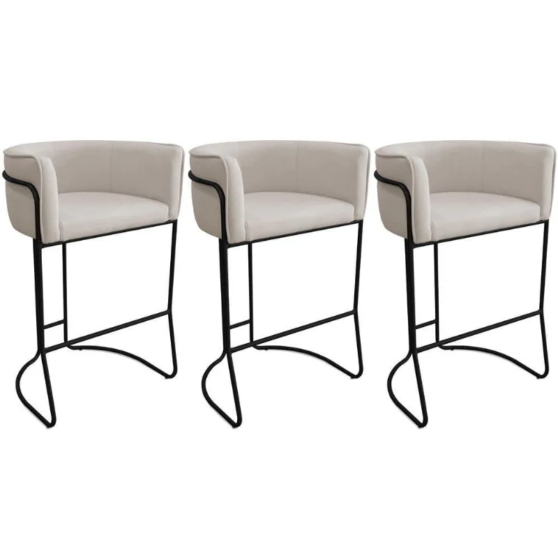 Kit 03 Banquetas Alta Com Encosto Betina Base Preto Poliéster Off White - Nexta Casa - Nexta Casa