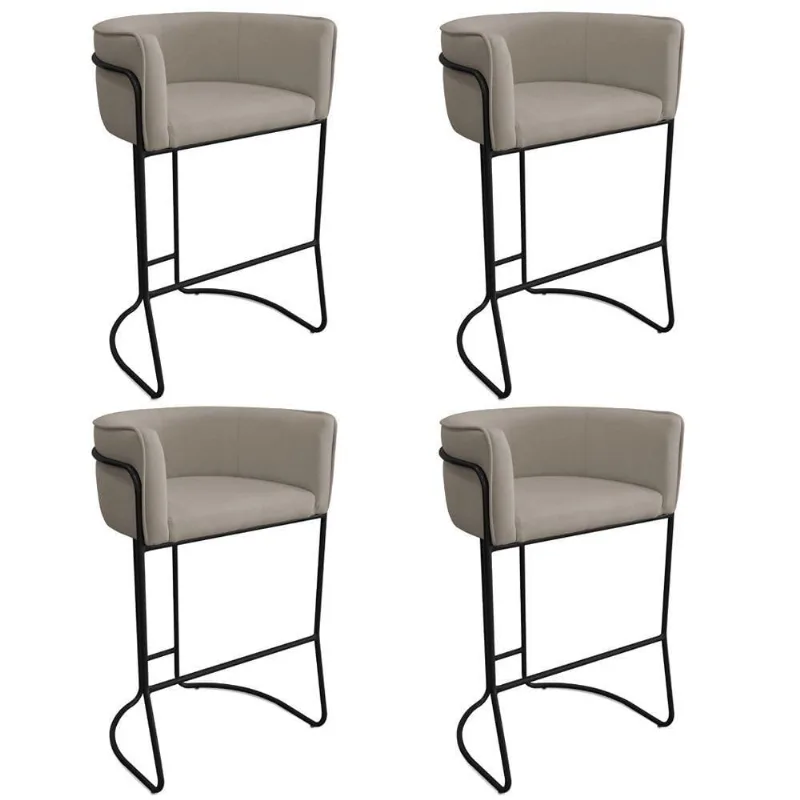 Kit 04 Banquetas Alta Com Encosto Betina Base Preto Poliéster Bege Escuro - Nexta Casa - Nexta Casa