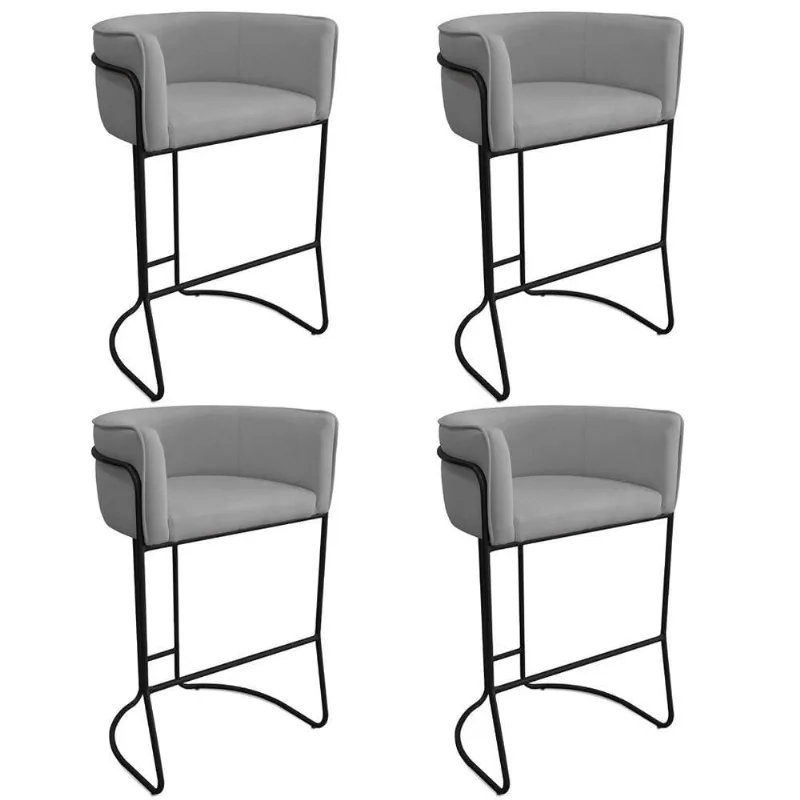 Kit 04 Banquetas Alta Com Encosto Betina Base Preto Poliéster Cinza - Nexta Casa