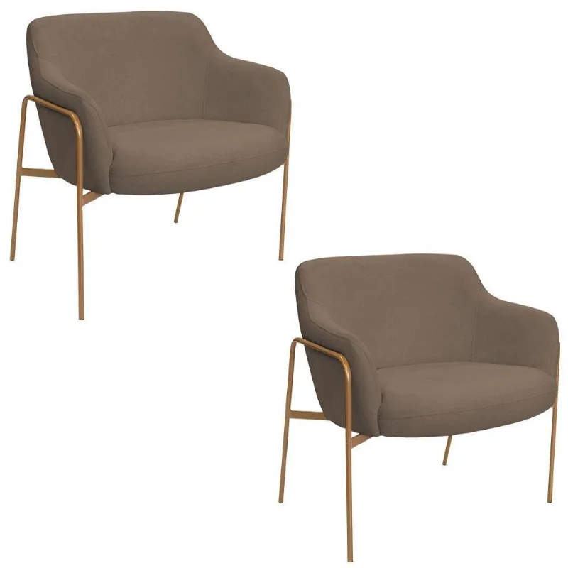 Kit 02 Poltronas Decorativas Jade Base Aço Ouro Fosco Bouclé Marrom - Nexta Casa - Nexta Casa