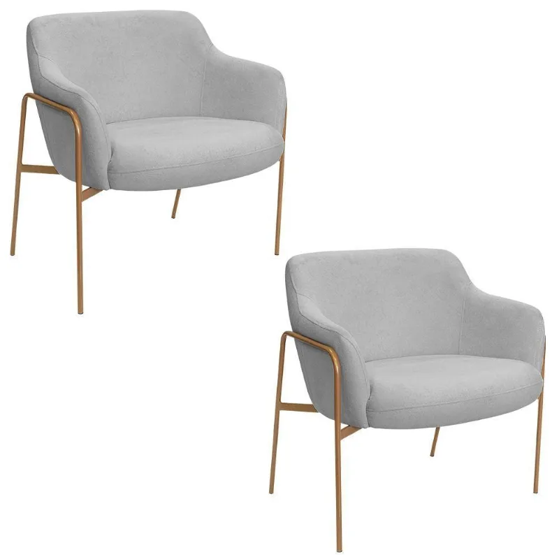 Kit 02 Poltronas Decorativas Jade Base Aço Ouro Fosco Bouclé Cinza Claro - Nexta Casa - Nexta Casa