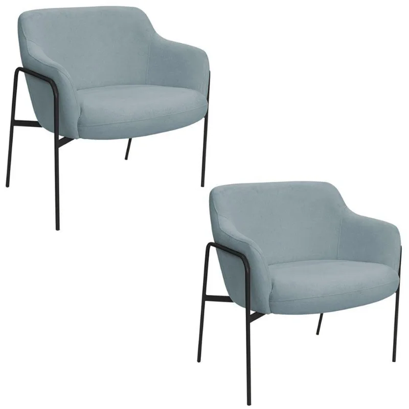 Kit 02 Poltronas Decorativas Jade Base Aço Preto Bouclé Azul Claro - Nexta Casa - Nexta Casa