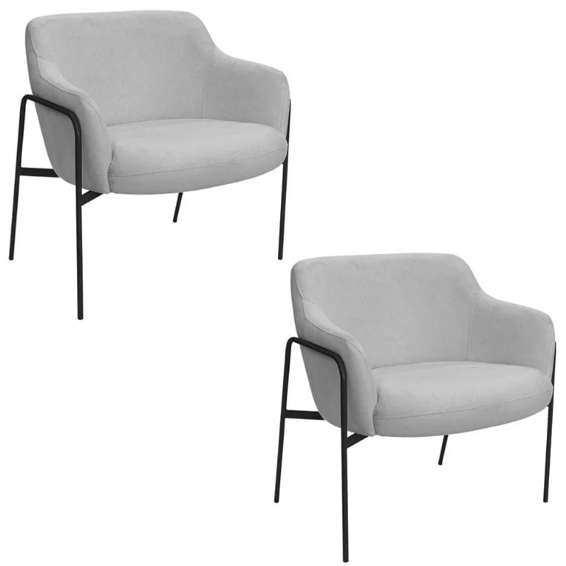 Kit 02 Poltronas Decorativas Jade Base Aço Preto Bouclé Cinza Claro - Nexta Casa - Nexta Casa