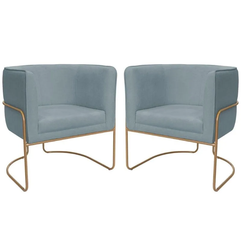 Kit 02 Poltronas Decorativas Betina Base Aço Ouro Fosco Bouclé Azul Claro - Nexta Casa - Nexta Casa