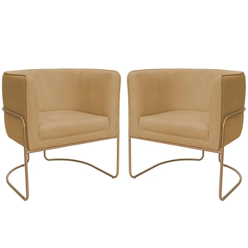 Kit 02 Poltronas Decorativas Betina Base Aço Ouro Fosco Bouclé Camel - Nexta Casa
