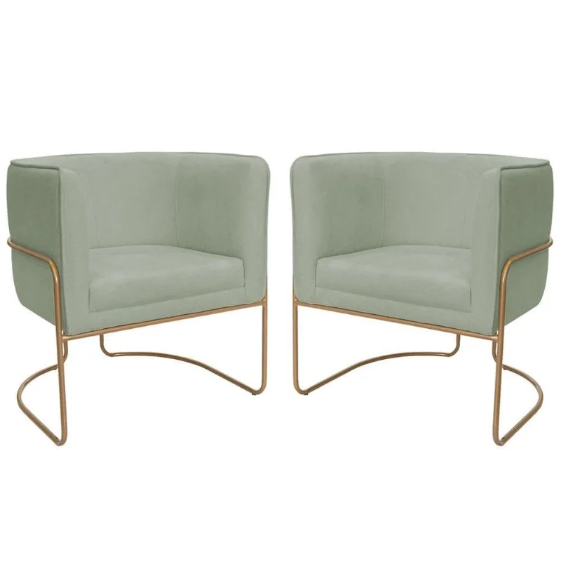 Kit 02 Poltronas Decorativas Betina Base Aço Ouro Fosco Bouclé Verde Claro - Nexta Casa - Nexta Casa