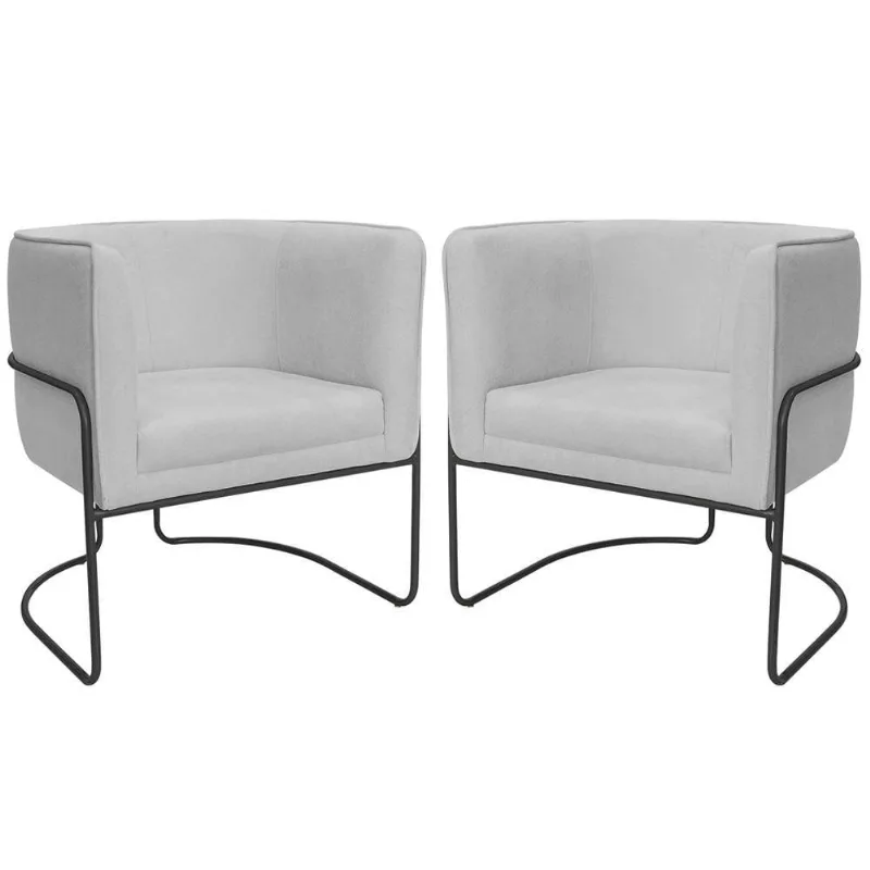Kit 02 Poltronas Decorativas Betina Base Aço Preto Bouclé Cinza Claro - Nexta Casa