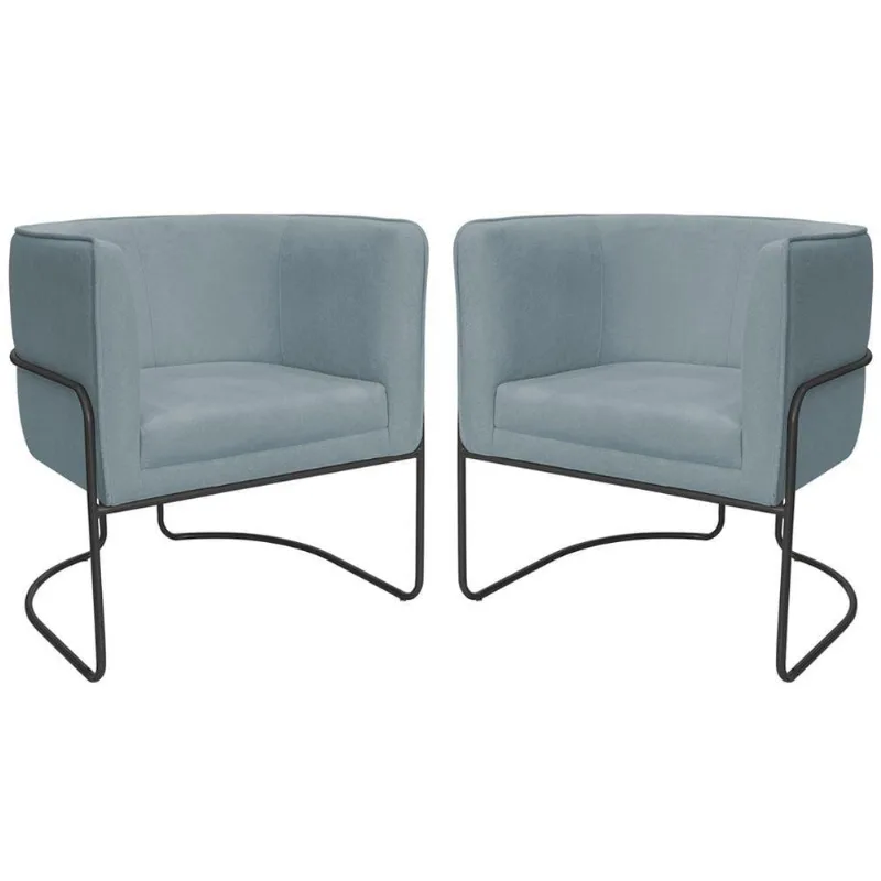 Kit 02 Poltronas Decorativas Betina Base Aço Preto Bouclé Azul Claro - Nexta Casa - Nexta Casa