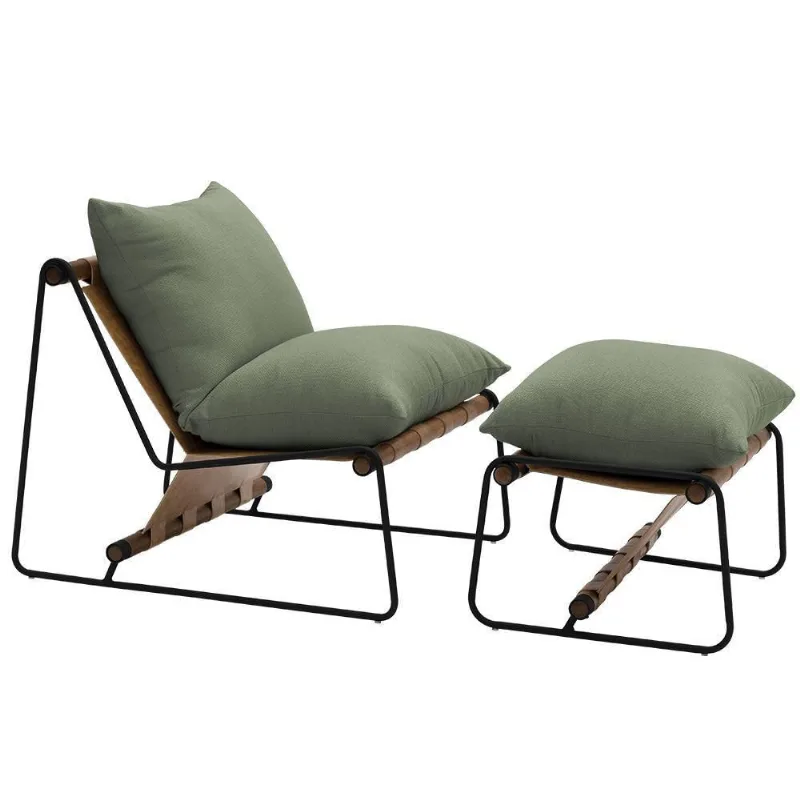 Kit Poltrona Com Puff Turim Base Aço Preto Recouro Camel Poliéster Verde - Nexta Casa